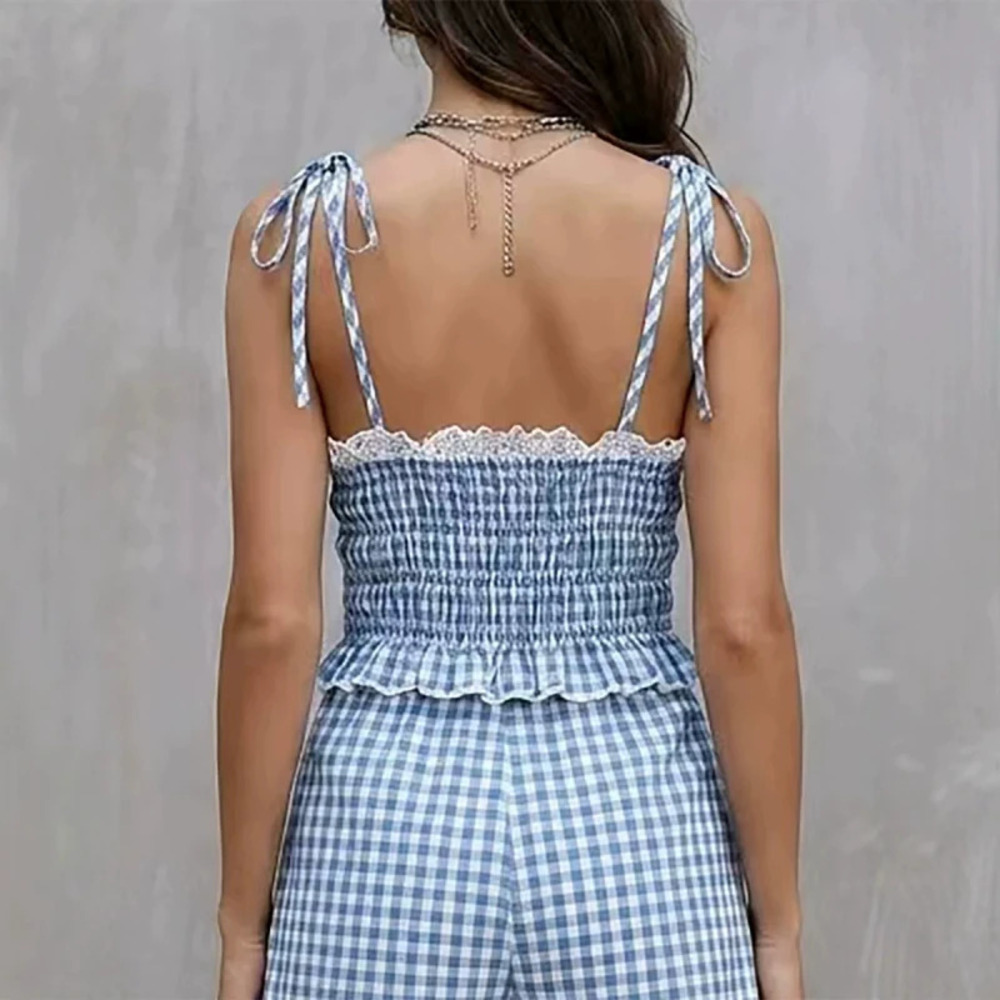ZARA Summer Plaid Slim Fit Bow Lace Casual Camisole Tank Top